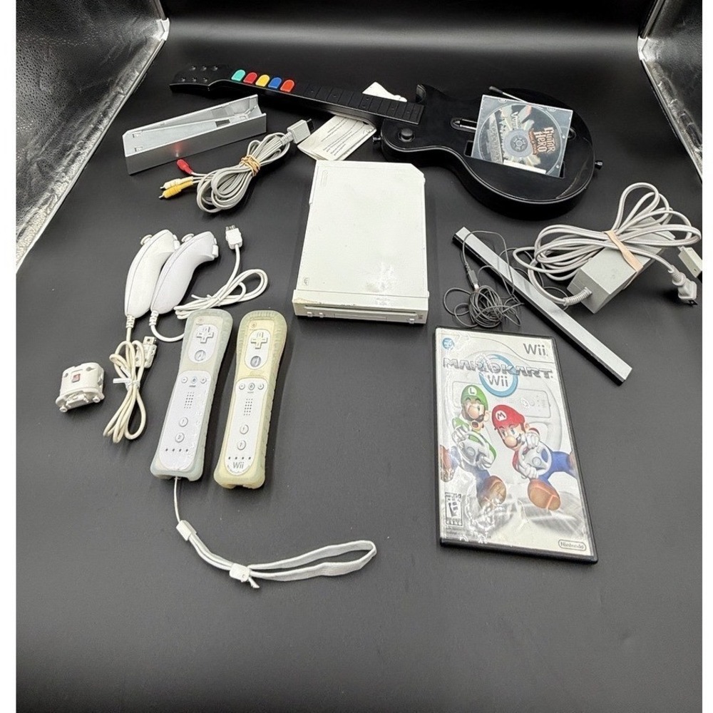 Nintendo Wii RVL-001 Console Bundle Mario Kart Guitar Hero Remotes UNTESTED